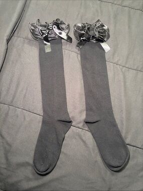 Urban Outfitters Black Knee-High Socks with Ruffled Organza Cuff and Bow